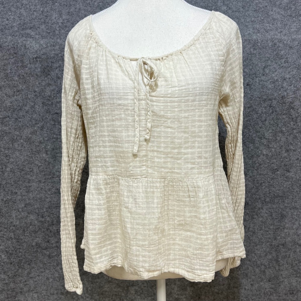 GAP Women Beige Textured Gauze Peasant Blouse Top Long Sleeve‎ Tie Neck XS